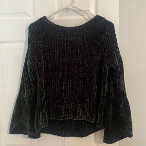 Express XS velvety knit boat neck flare sleeve sweater, dark green